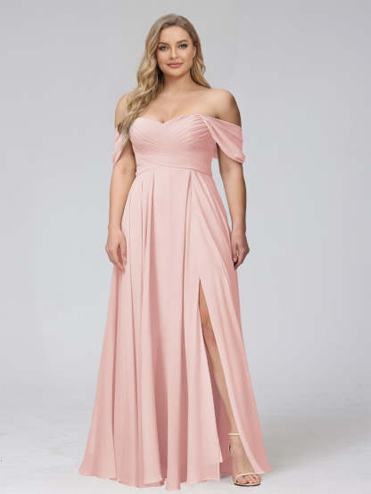 A-Line Off-the-Shoulder Sleeveless Ruched Long Chiffon Plus Size Bridesmaid Dresses with Split Side