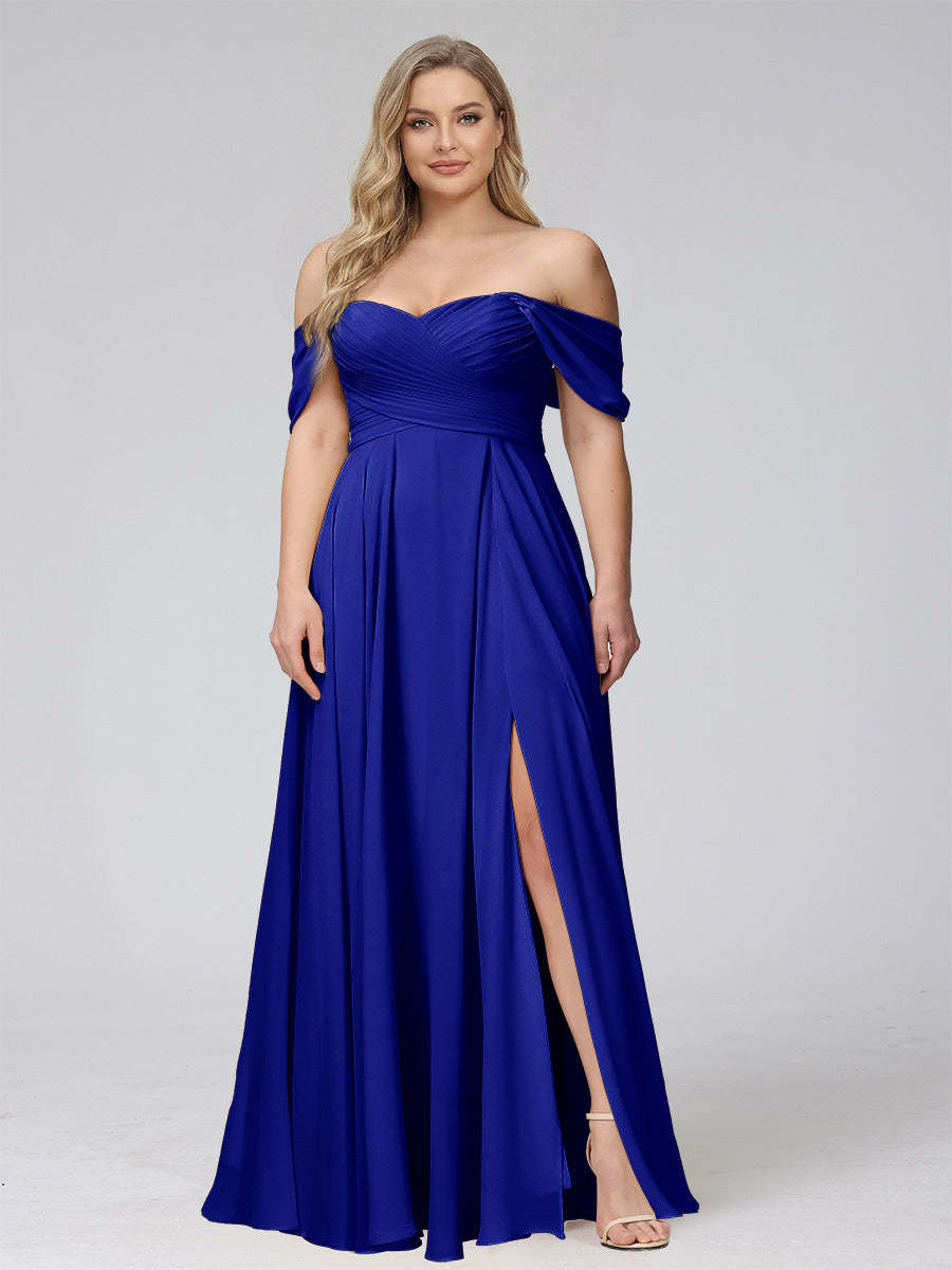 A-Line Off-the-Shoulder Sleeveless Ruched Long Chiffon Plus Size Bridesmaid Dresses with Split Side