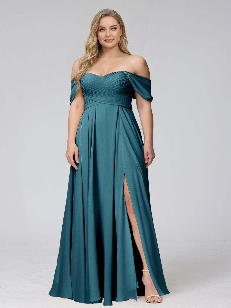 A-Line Off-the-Shoulder Sleeveless Ruched Long Chiffon Plus Size Bridesmaid Dresses with Split Side