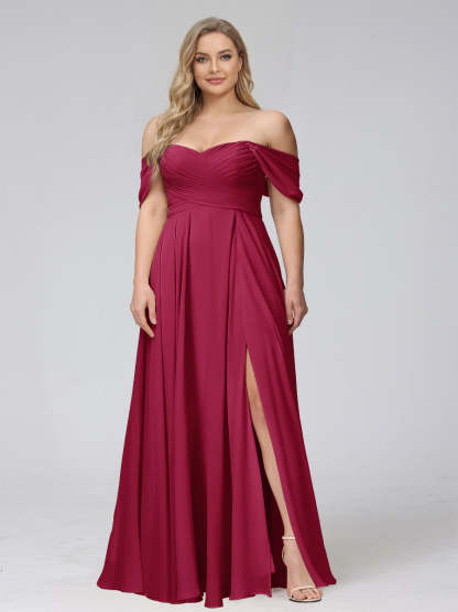 A-Line Off-the-Shoulder Sleeveless Ruched Long Chiffon Plus Size Bridesmaid Dresses with Split Side