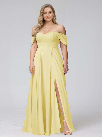 A-Line Off-the-Shoulder Sleeveless Ruched Long Chiffon Plus Size Bridesmaid Dresses with Split Side