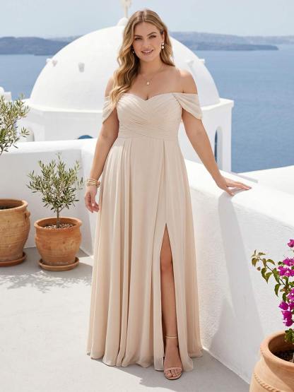 A-Line Off-the-Shoulder Sleeveless Ruched Long Chiffon Plus Size Bridesmaid Dresses with Split Side