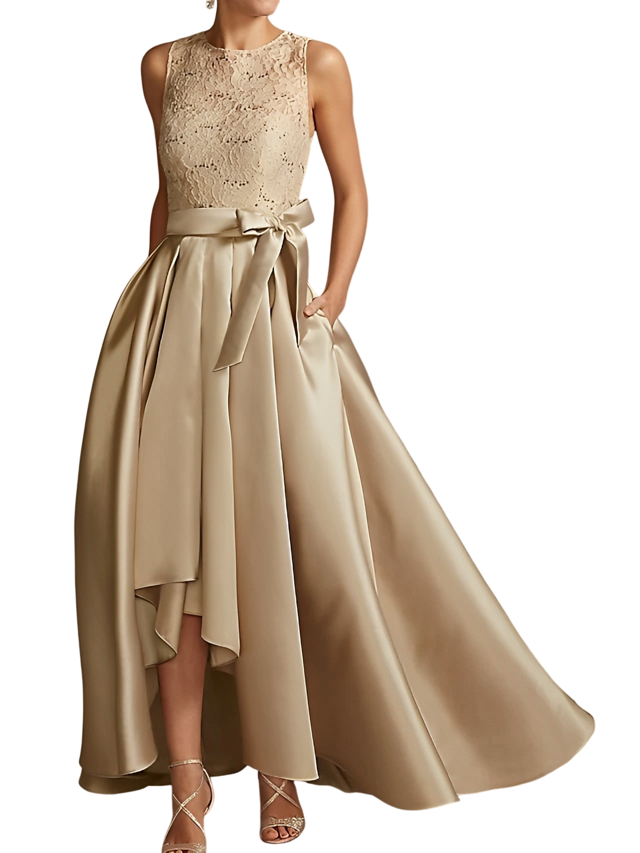 Asymmetrical Princess A-Line Sleeveless Mother Of The Bride Dress With Jewel Neck And Pleats-BMbridal