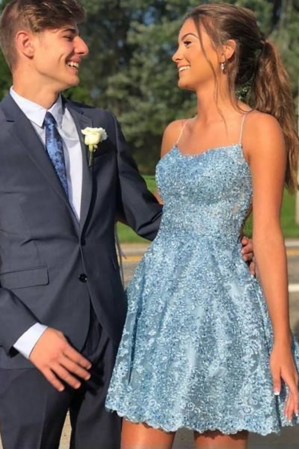 A Line Spaghetti Straps Light Blue Short Homecoming Dress with Appliques