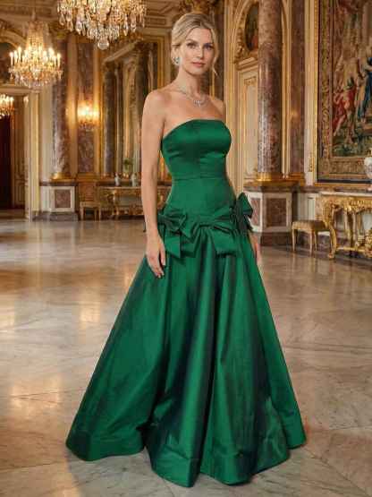 A Line Strapless Drop-Waist Prom Dress with Bow Accents