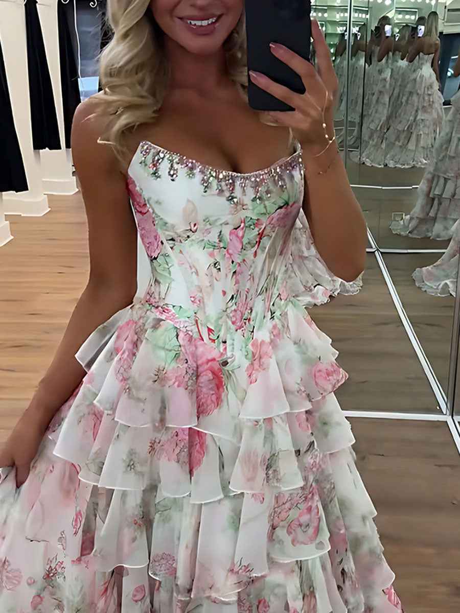 A-Line Strapless Print Ruffles Tiered Long Prom Dress