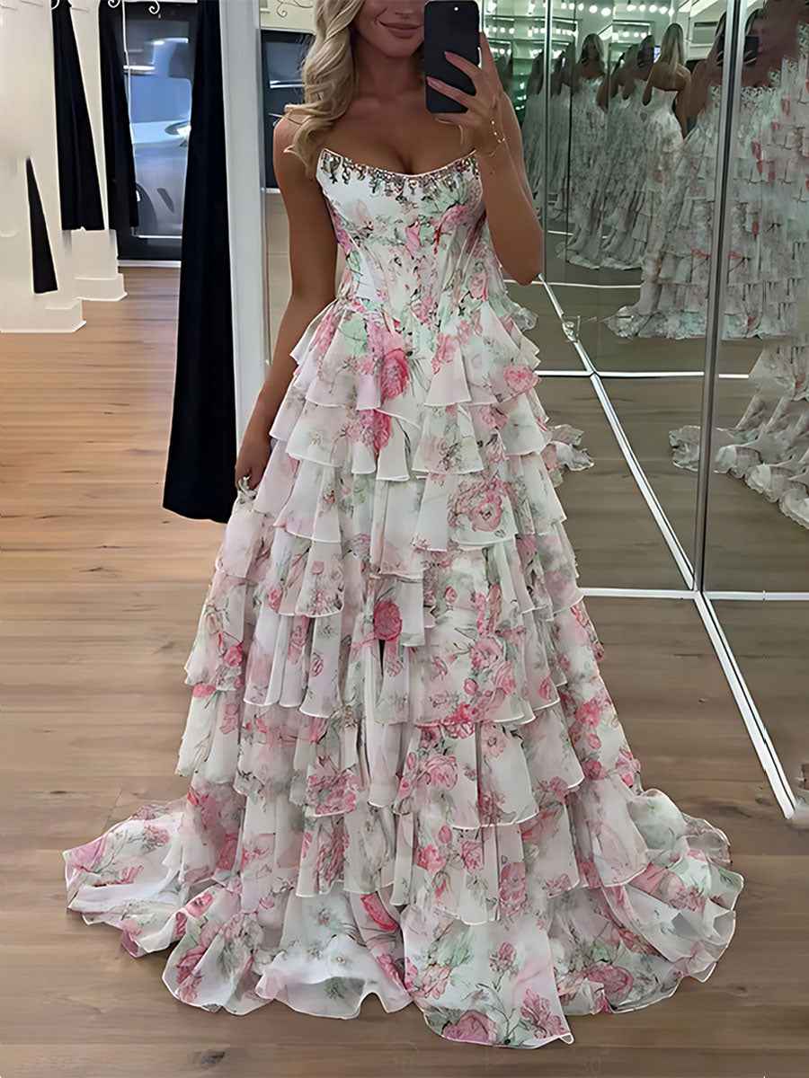 A-Line Strapless Print Ruffles Tiered Long Prom Dress