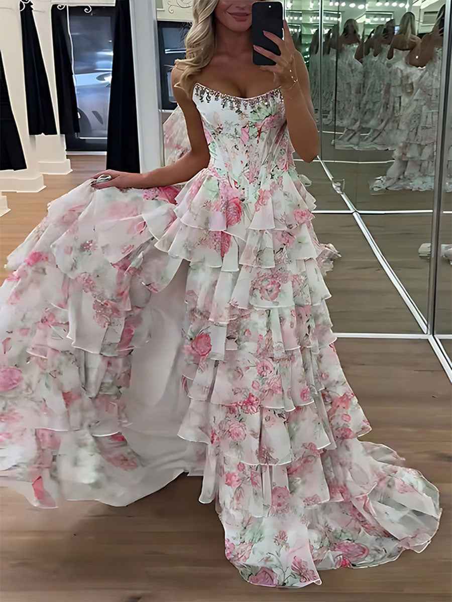 A-Line Strapless Print Ruffles Tiered Long Prom Dress