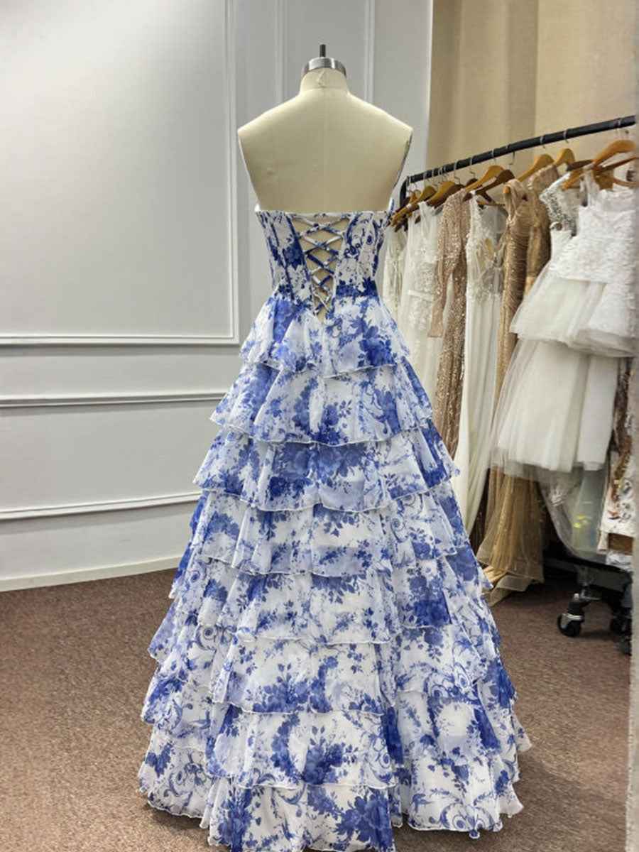 A-Line Strapless Sweetheart Print Tiered Tulle Long Prom Dress with Slit