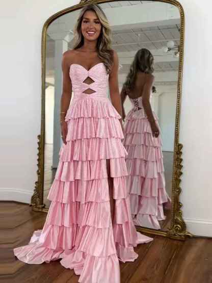 A Line Strapless Sweetheart Satin Prom Dress with Keyhole