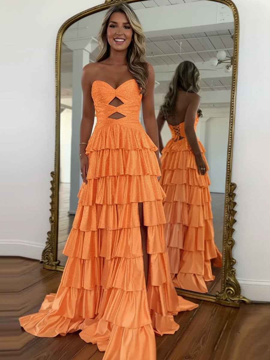 A Line Strapless Sweetheart Satin Prom Dress with Keyhole