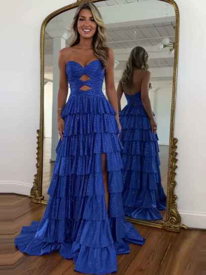 A Line Strapless Sweetheart Satin Prom Dress with Keyhole