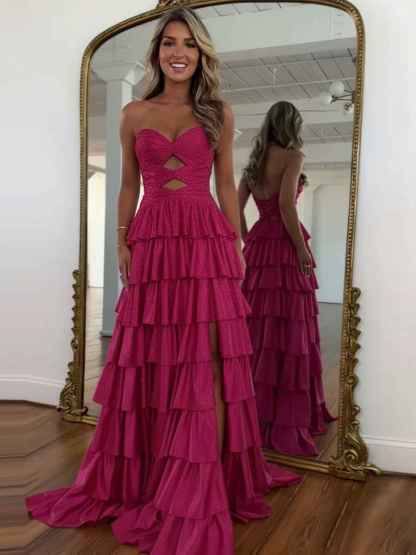 A Line Strapless Sweetheart Satin Prom Dress with Keyhole