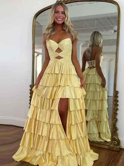A Line Strapless Sweetheart Satin Prom Dress with Keyhole