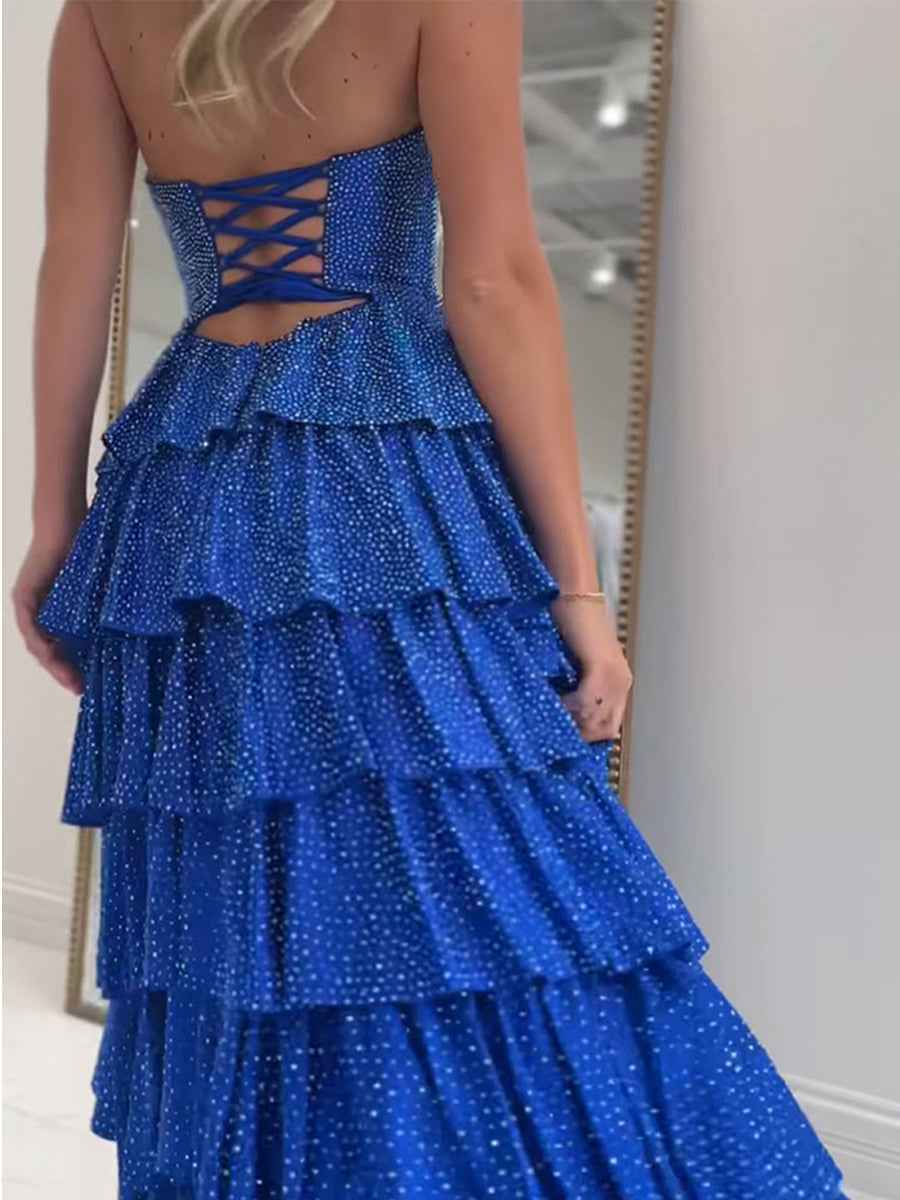 A Line Strapless Sweetheart Satin Long Prom Dress with Keyhole