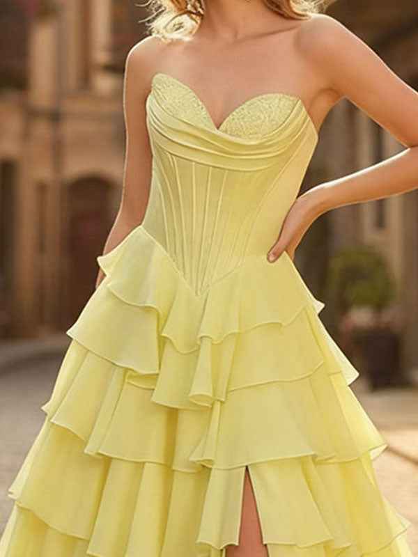 A-Line Sweetheart Cascading Ruffles Chiffon Corset Prom Dress