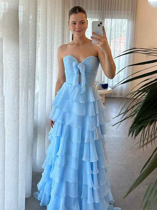 Fuchsia A-Line Sweetheart Chiffon Tiered Long Prom Dress with Slit