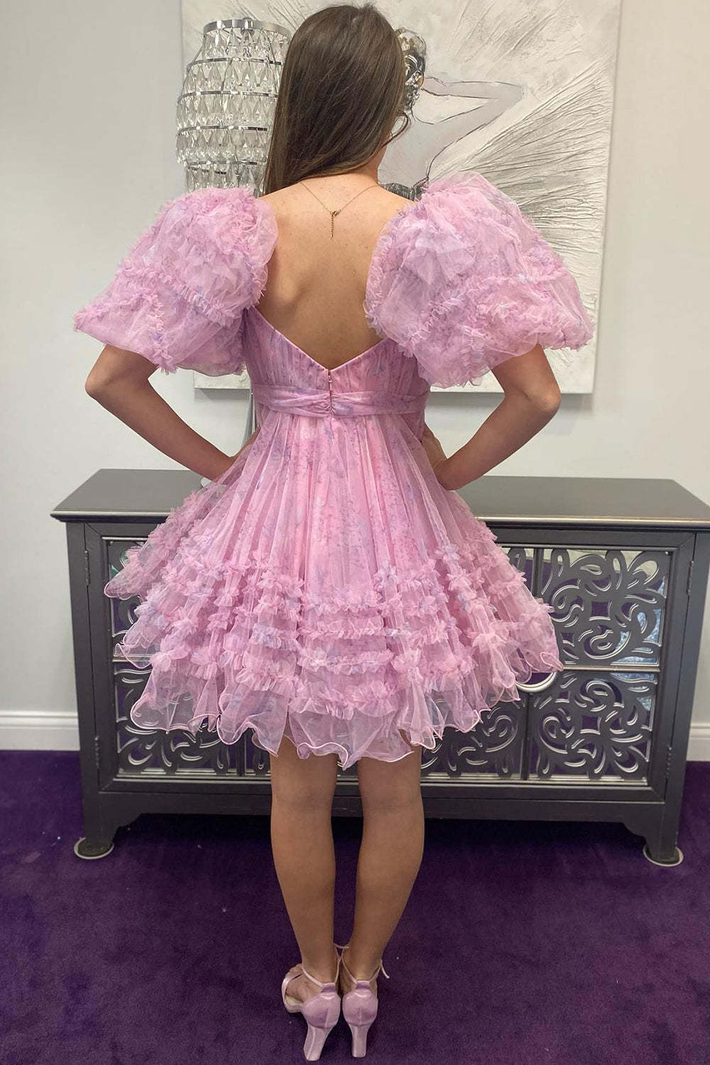 A-Line Sweetheart Puff Sleeves Fuchsia Floral Short Homecoming Dress with Ruffles