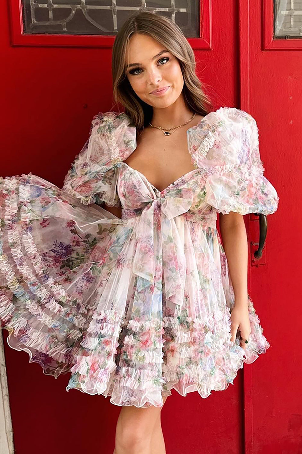 A-Line Sweetheart Puff Sleeves Fuchsia Floral Short Homecoming Dress with Ruffles