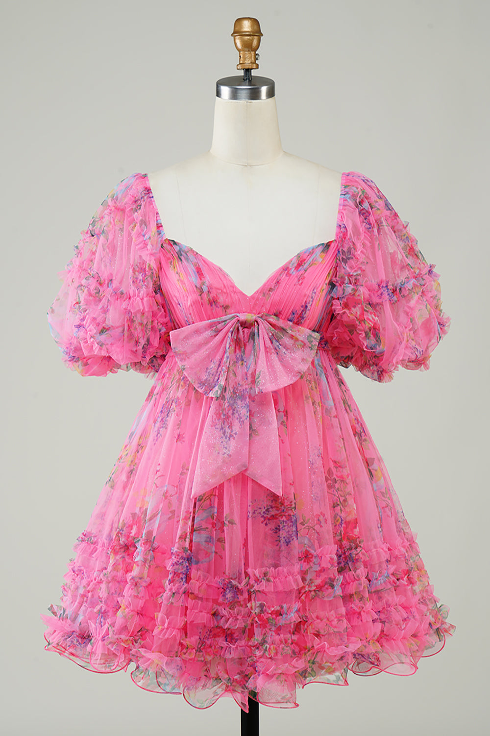 A-Line Sweetheart Puff Sleeves Fuchsia Floral Short Homecoming Dress with Ruffles
