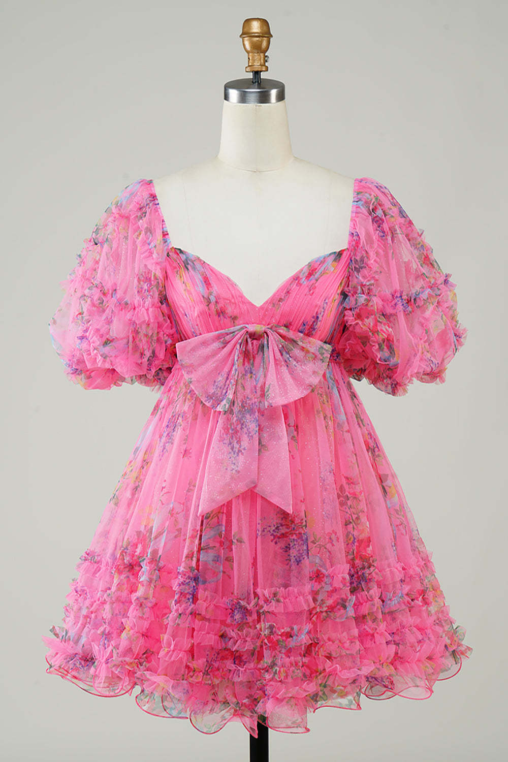A-Line Sweetheart Puff Sleeves Fuchsia Floral Short Homecoming Dress with Ruffles