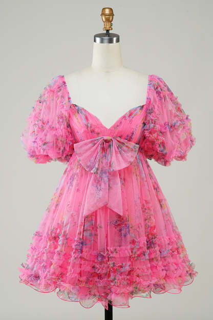 A-Line Sweetheart Puff Sleeves Fuchsia Floral Short Homecoming Dress with Ruffles