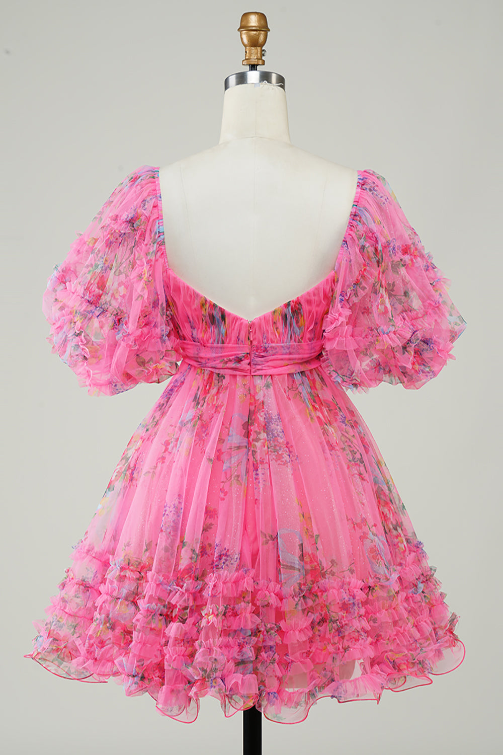 A-Line Sweetheart Puff Sleeves Fuchsia Floral Short Homecoming Dress with Ruffles
