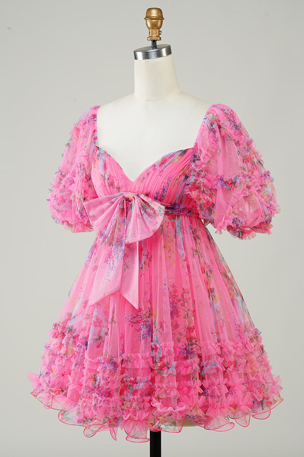 A-Line Sweetheart Puff Sleeves Fuchsia Floral Short Homecoming Dress with Ruffles