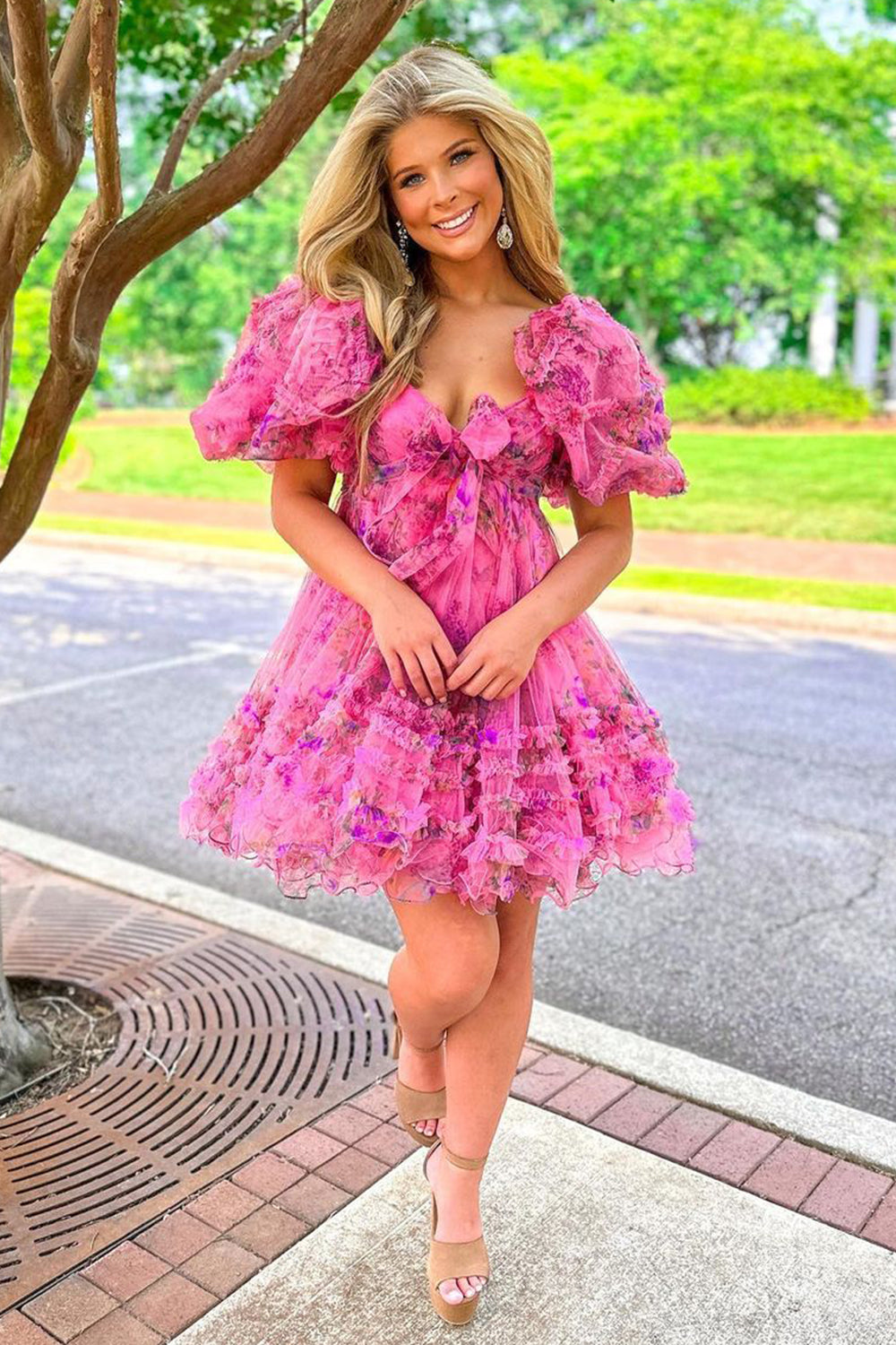 A-Line Sweetheart Puff Sleeves Fuchsia Floral Short Homecoming Dress with Ruffles