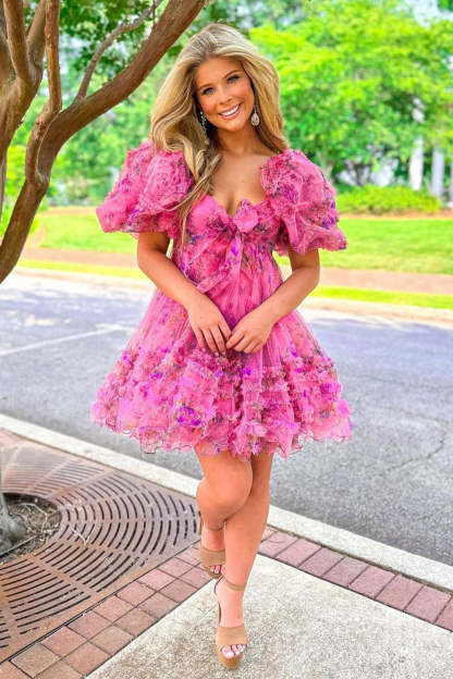 A-Line Sweetheart Puff Sleeves Fuchsia Floral Short Homecoming Dress with Ruffles