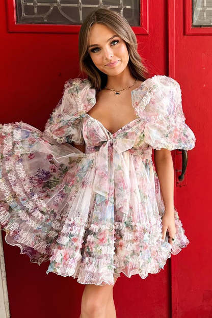 A-Line Sweetheart Puff Sleeves Light Green Floral Short Homecoming Dress with Ruffles