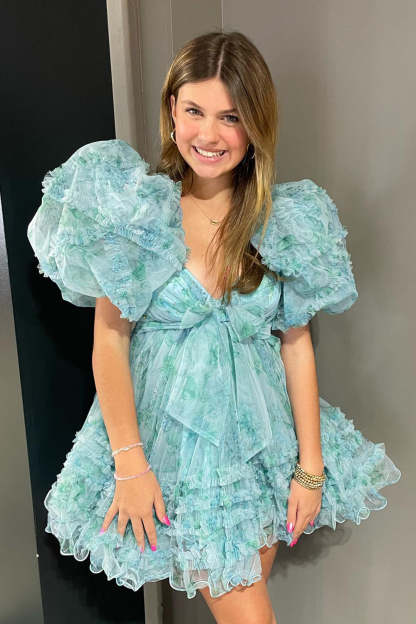 A-Line Sweetheart Puff Sleeves Light Green Floral Short Homecoming Dress with Ruffles