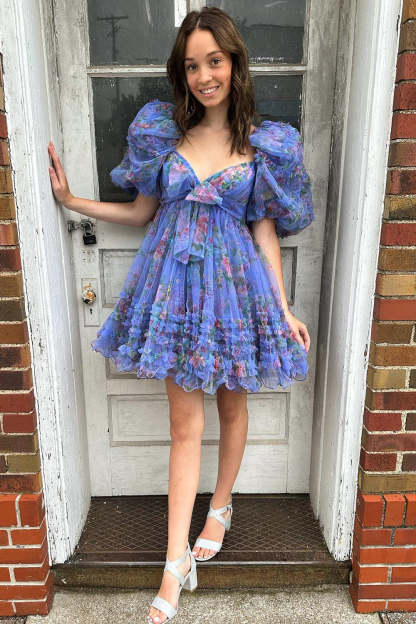 A-Line Sweetheart Puff Sleeves Light Green Floral Short Homecoming Dress with Ruffles