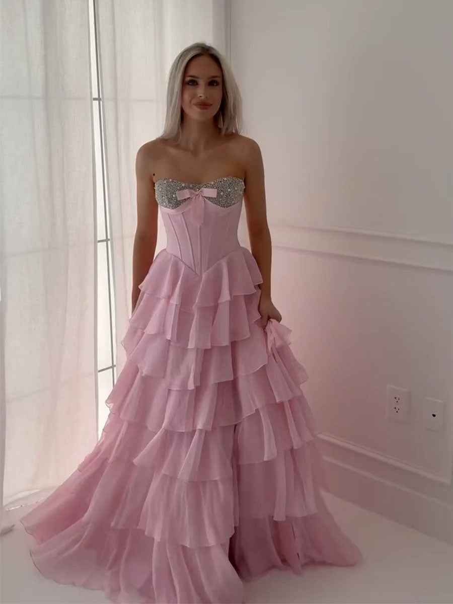 A Line Sweetheart Tiered Chiffon Long Prom Dress with Beading