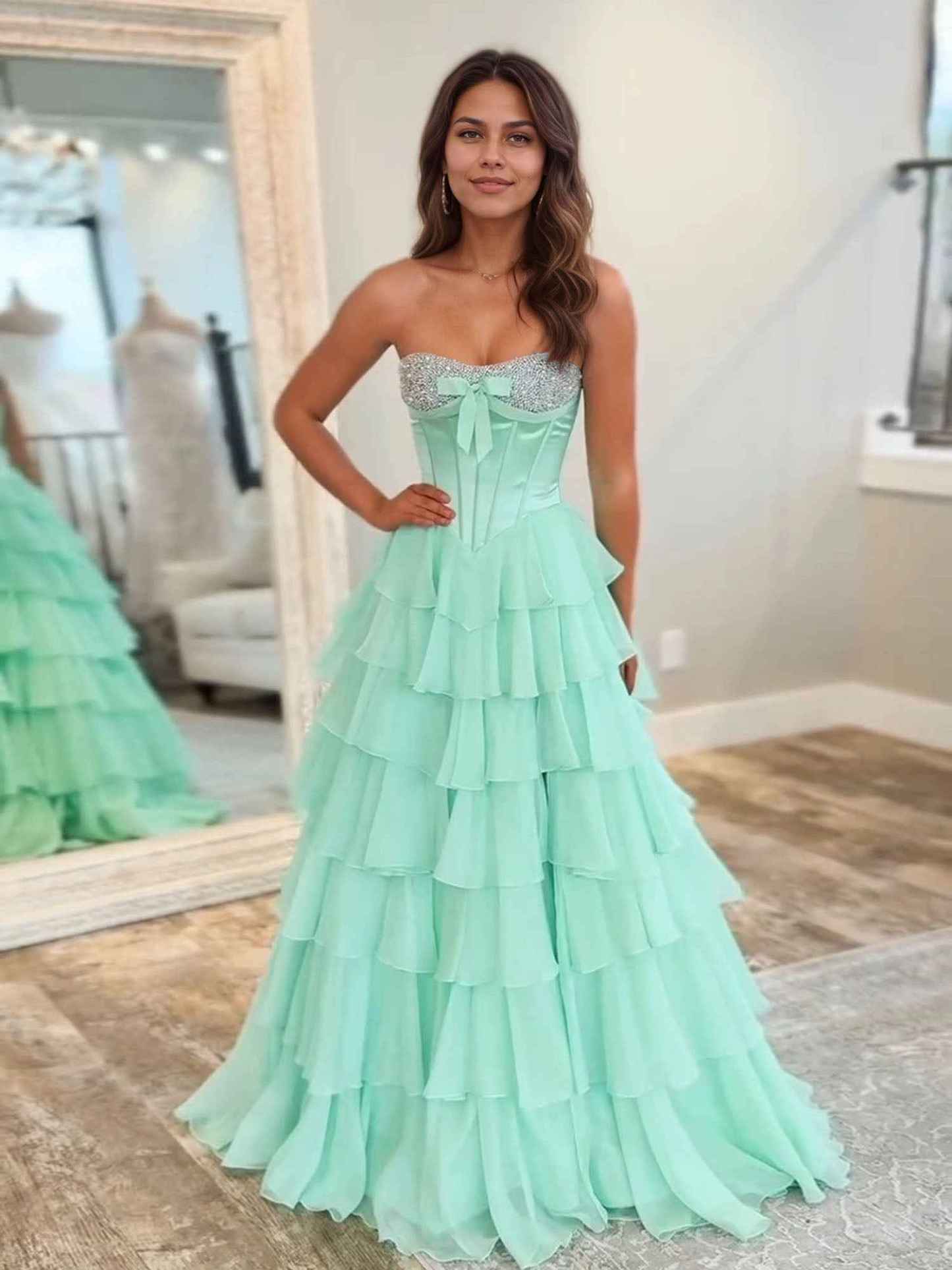 A Line Sweetheart Tiered Chiffon Long Prom Dress with Beading