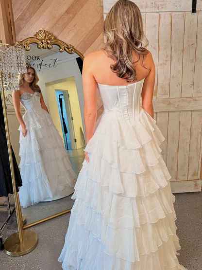 A Line Sweetheart Tiered Chiffon Long Prom Dress with Beading