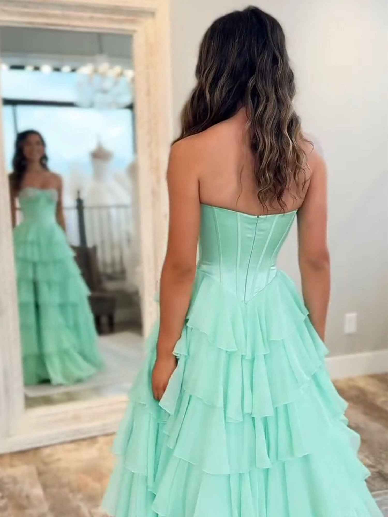 A Line Sweetheart Tiered Chiffon Long Prom Dress with Beading