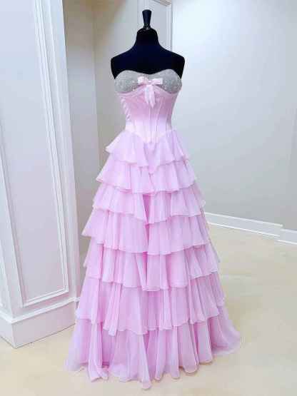 A Line Sweetheart Tiered Chiffon Long Prom Dress with Beading
