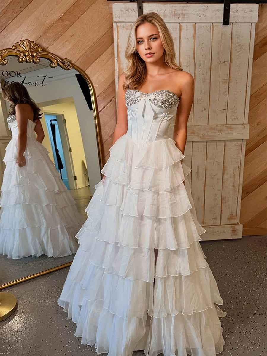 A Line Sweetheart Tiered Chiffon Long Prom Dress with Beading