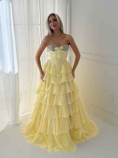 A Line Sweetheart Tiered Chiffon Long Prom Dress with Beading