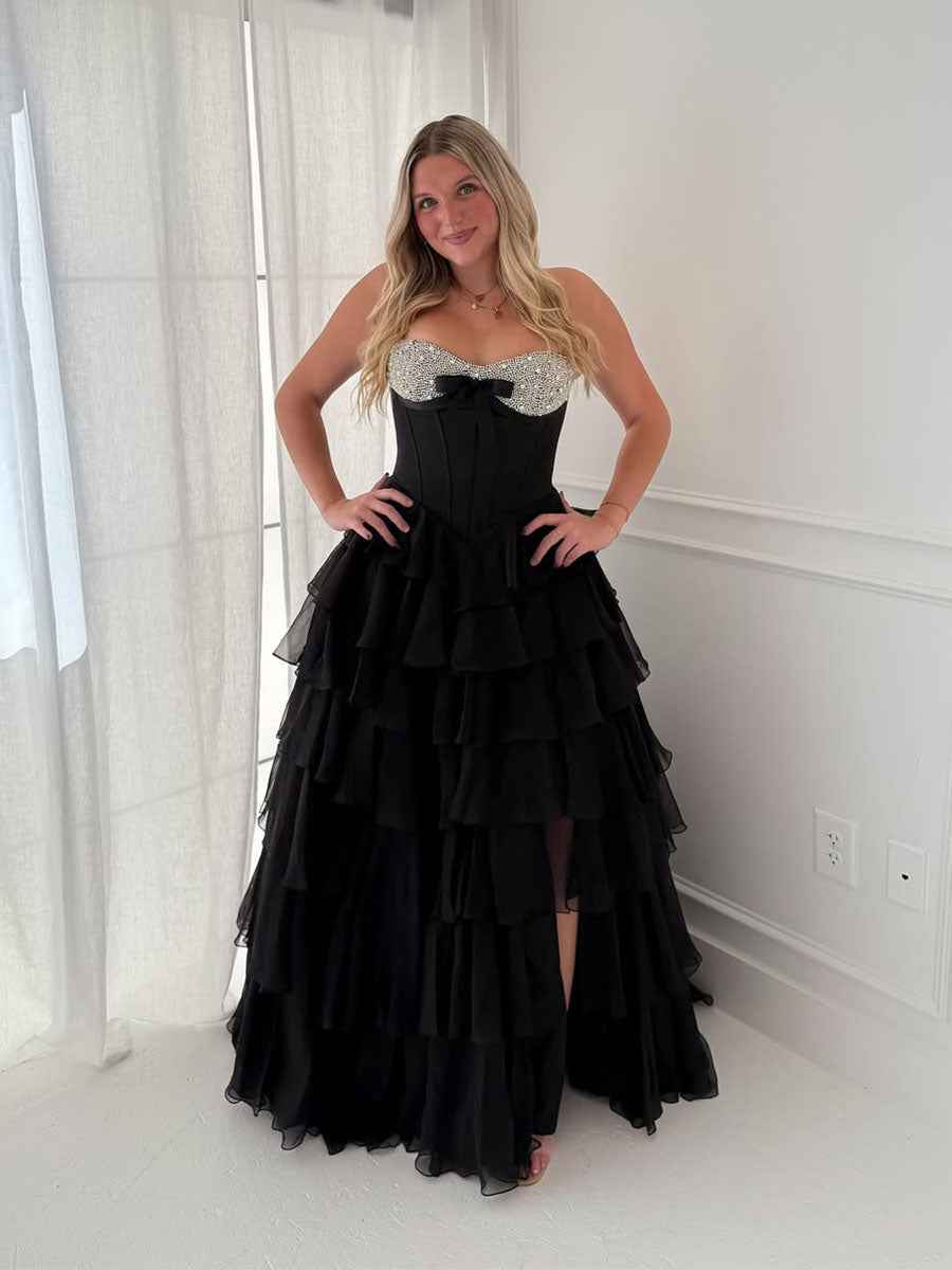 A Line Sweetheart Tiered Chiffon Long Prom Dress with Beading
