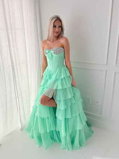 A Line Sweetheart Tiered Chiffon Long Prom Dress with Beading