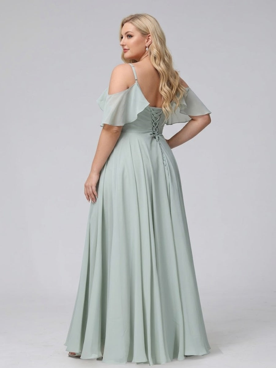 A-Line V-Neck Chiffon Long Plus Size Bridesmaid Dresses With Split Side & Spaghetti Straps