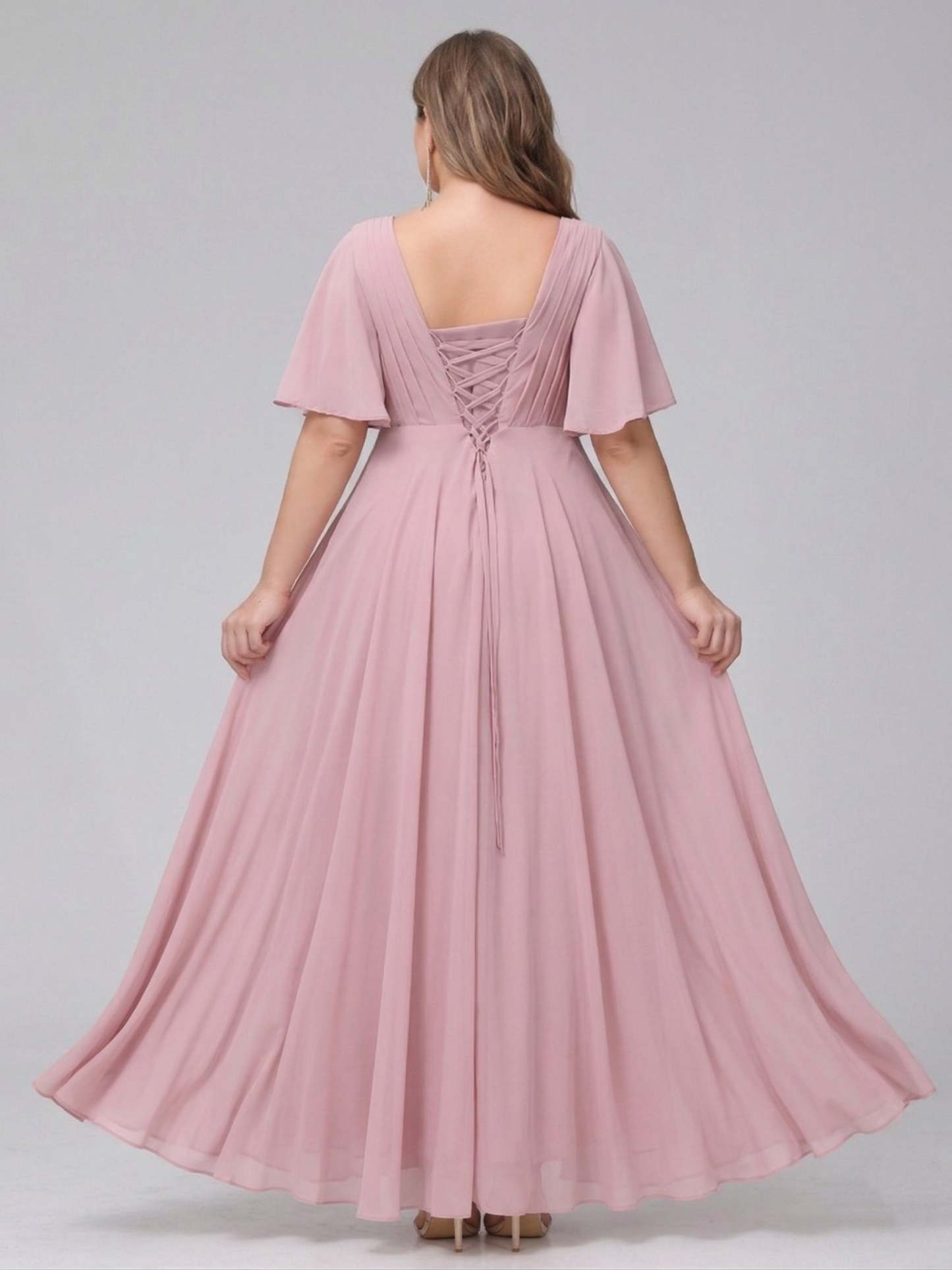 A-Line V-Neck Half Sleeves Long Chiffon Plus Size Bridesmaid Dresses With Ruffles Pockets