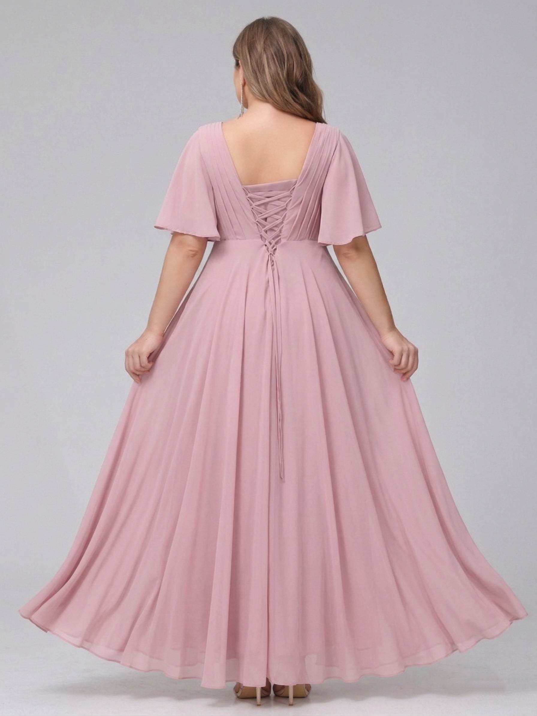 A-Line V-Neck Half Sleeves Long Chiffon Plus Size Bridesmaid Dresses With Ruffles Pockets
