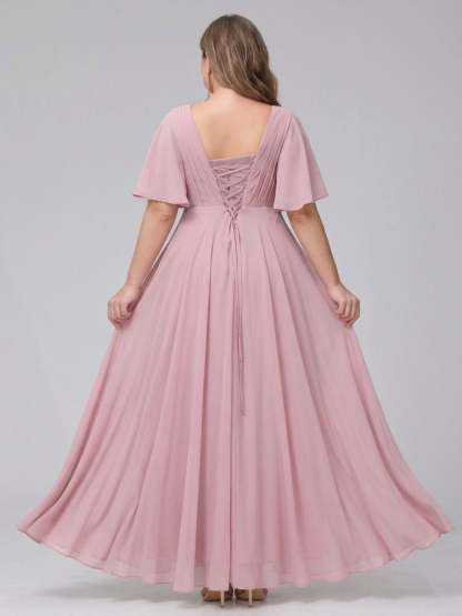 A-Line V-Neck Half Sleeves Long Chiffon Plus Size Bridesmaid Dresses With Ruffles Pockets