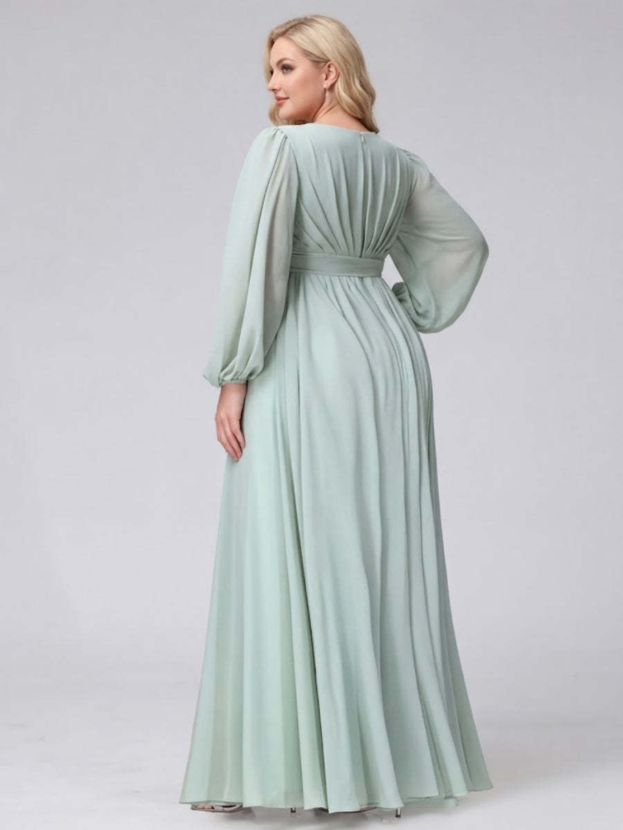 A-Line V-Neck Long Sleeves Chiffon Long Plus Size Bridesmaid Dresses With Ruffles Split Side