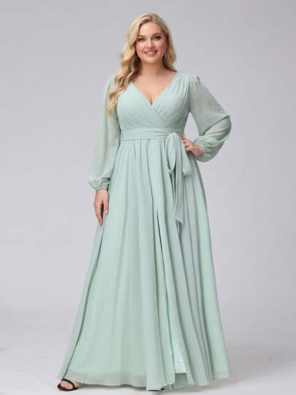 A-Line V-Neck Long Sleeves Chiffon Long Plus Size Bridesmaid Dresses With Ruffles Split Side