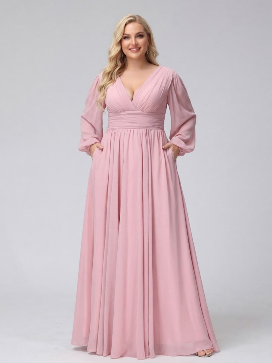 A-Line V-Neck Long Sleeves Long Chiffon Plus Size Bridesmaid Dresses With Split Side Pockets