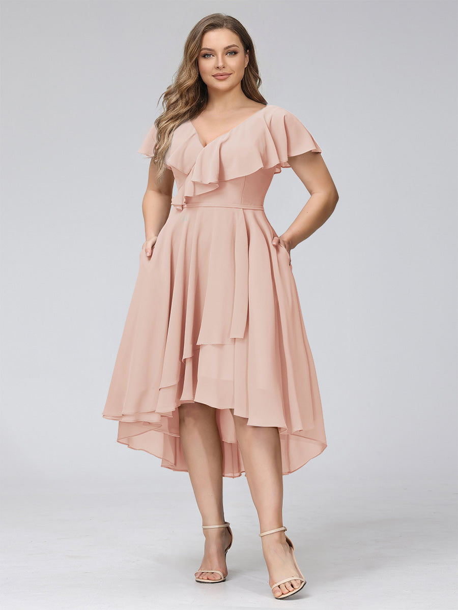 A-Line V-Neck Short Sleeves Asymmetrical Chiffon Plus Size Bridesmaid Dresses With Pockets
